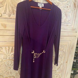 RARE MINT! Joseph Ribkoff Womens dress Purple Jersey Gold Metal Belt 12 $399